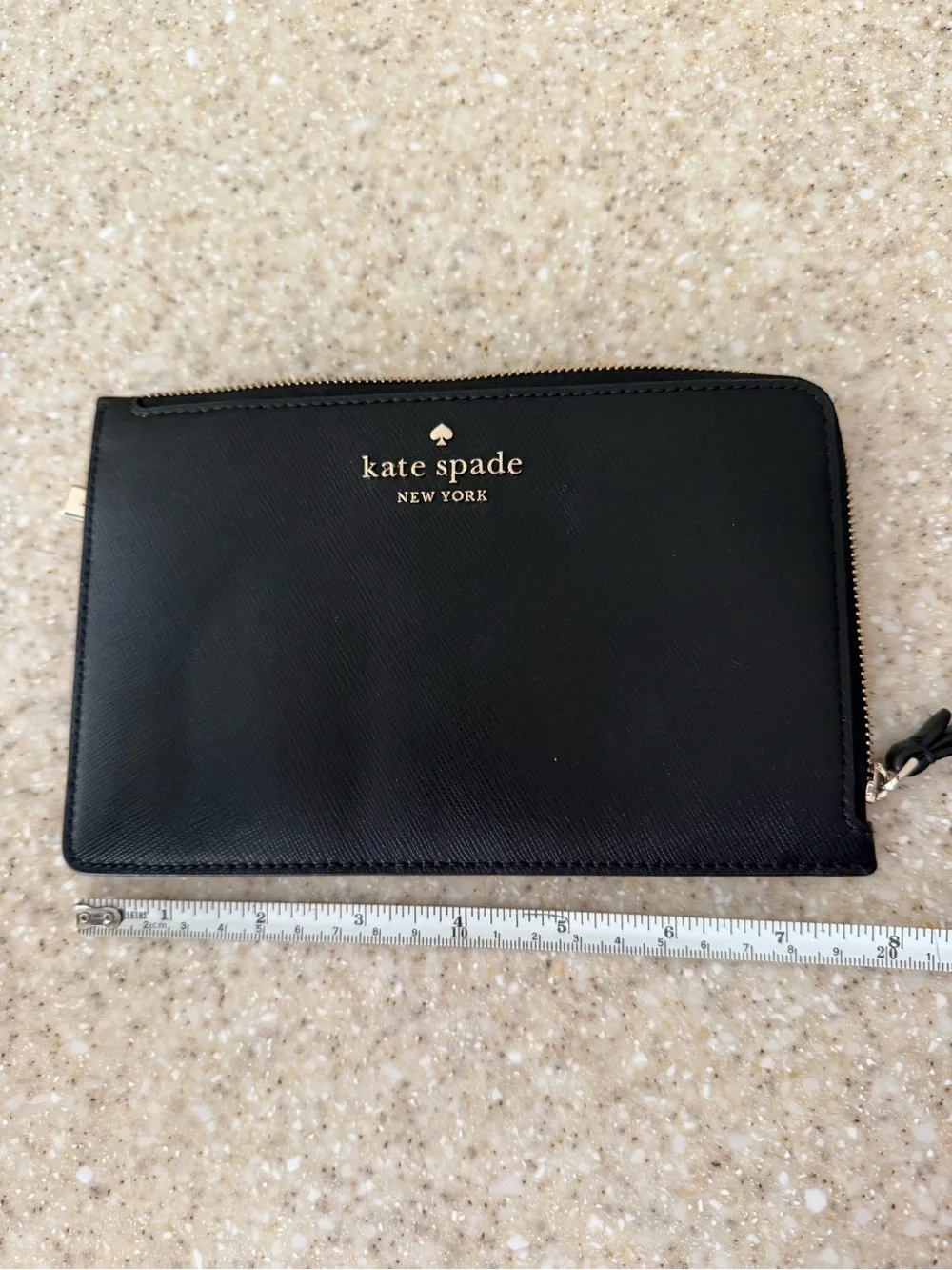 kate spade Black Leather Zip Clutch with Gold Logo